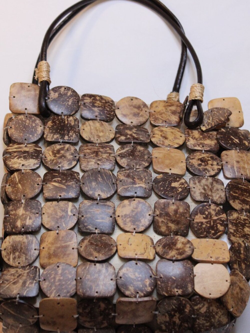 Franchi Vintage Boho Coconut Shell Tile Handbag Purse Brown